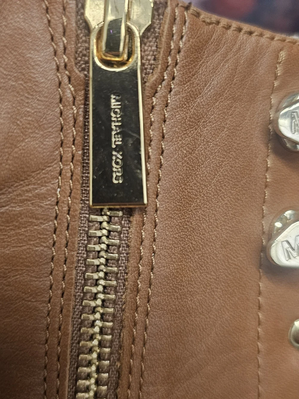 Michael Kors Brown Leather Lace-Up Boot with Gold Block Heel